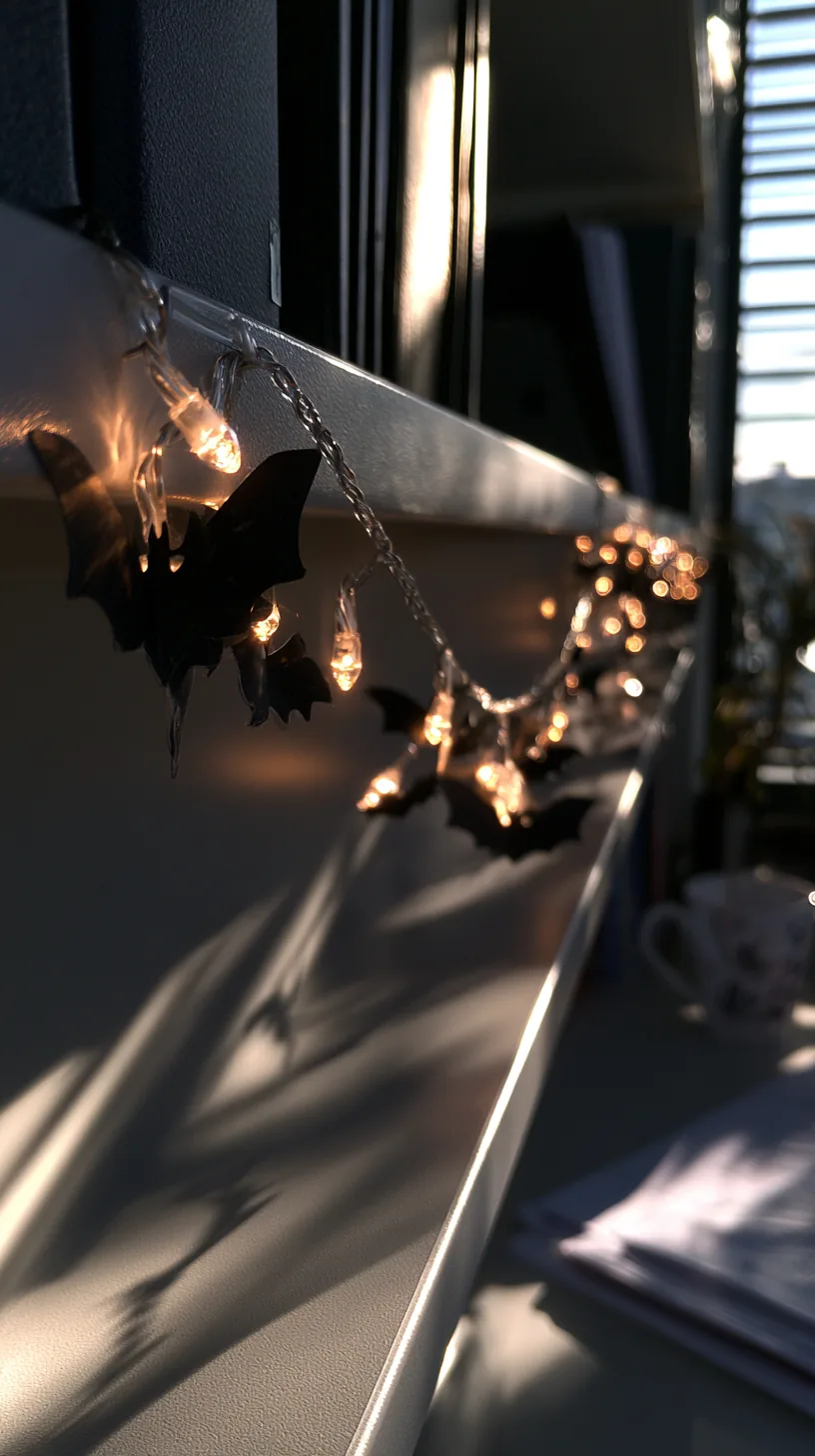string lights with black bat silhouette shades clipped along an office shelf, photo 4 of 4