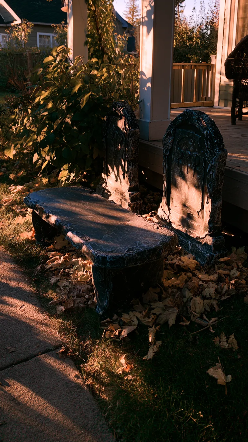 foam tombstones anchored with hidden sandbags on a porch lawn, photo 1 of 4