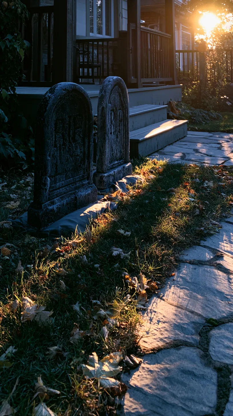 foam tombstones anchored with hidden sandbags on a porch lawn, photo 2 of 4
