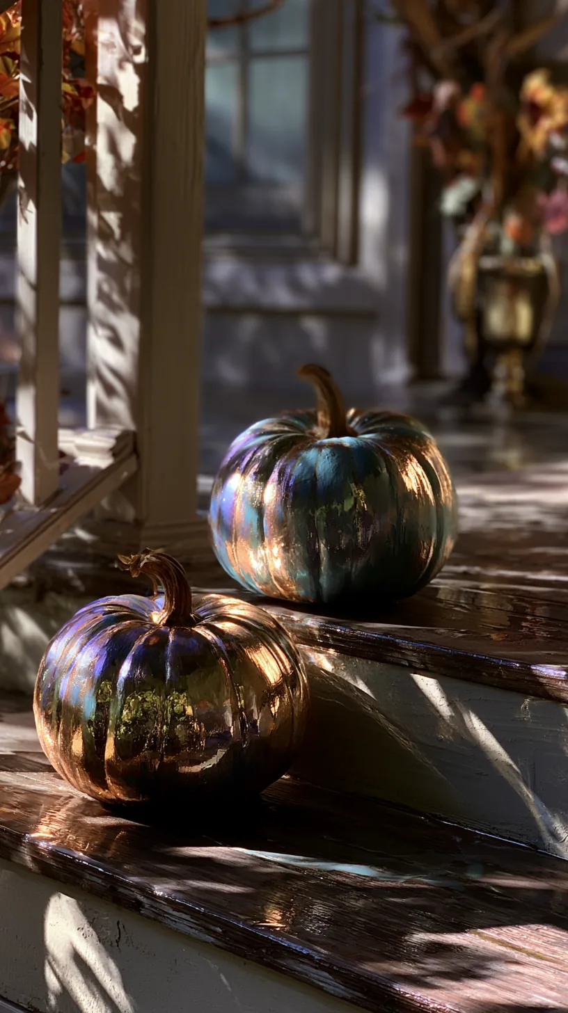 hand-painted pumpkins finished with a matte sealant on porch steps, photo 1 of 4
