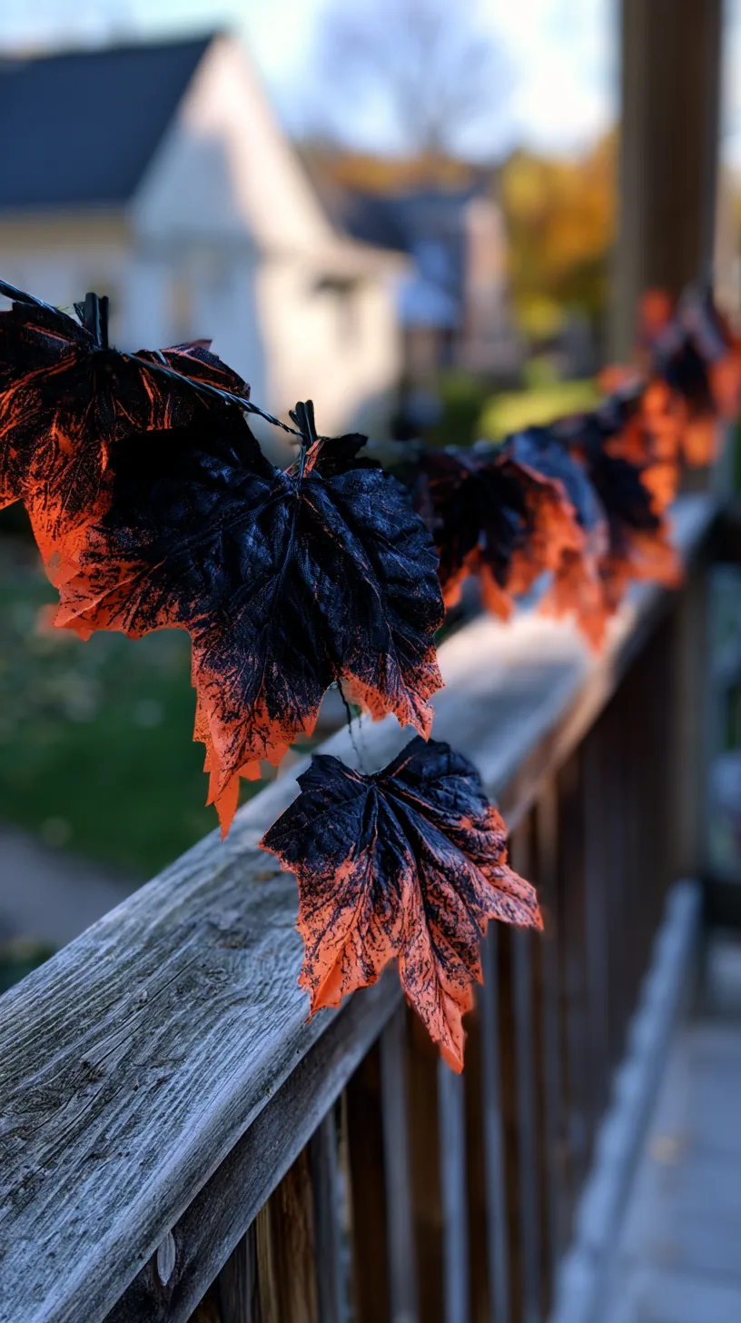 orange and black leaf garland hung across a porch railing on hooks, photo 1 of 4