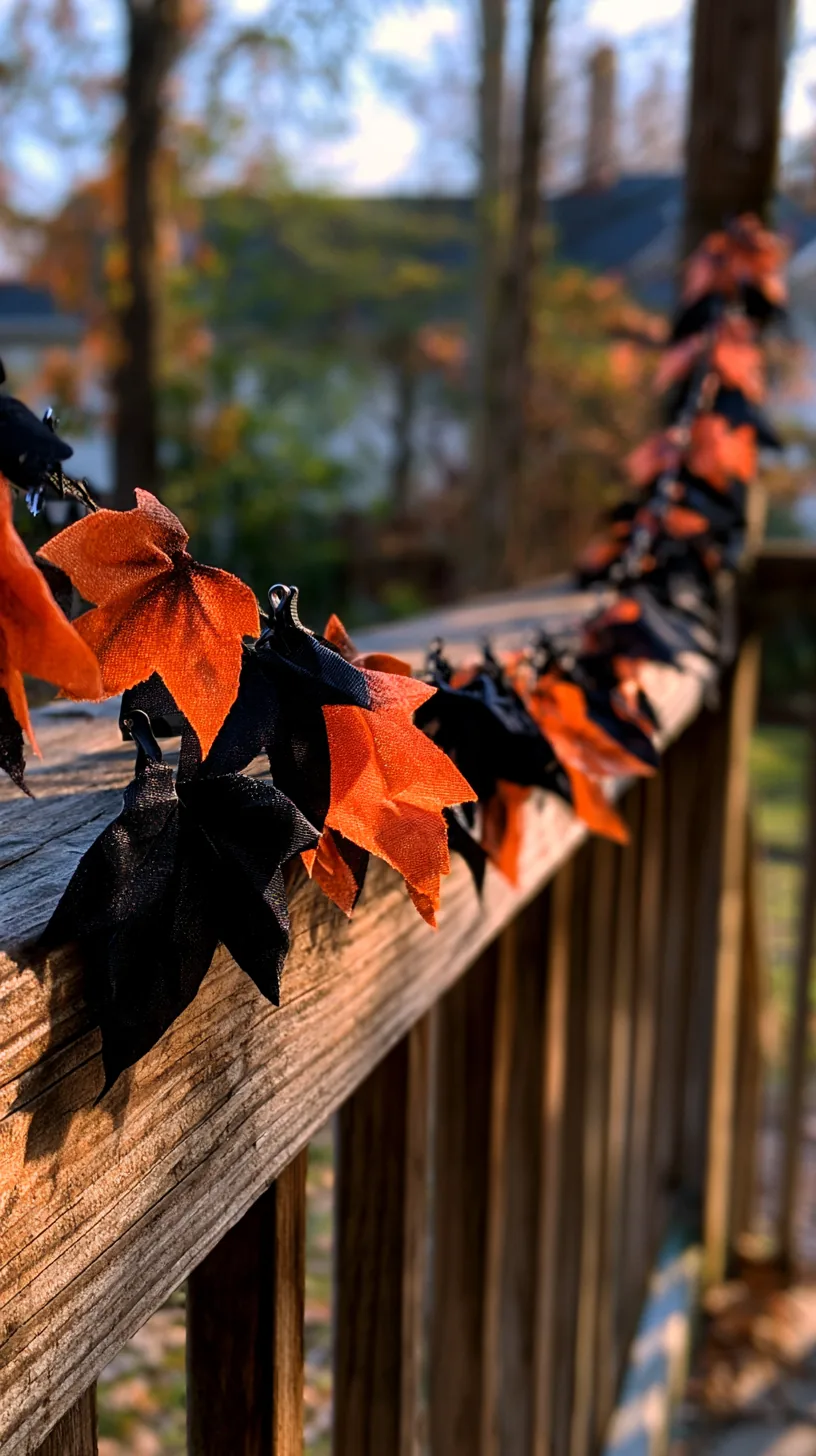 orange and black leaf garland hung across a porch railing on hooks, photo 2 of 4