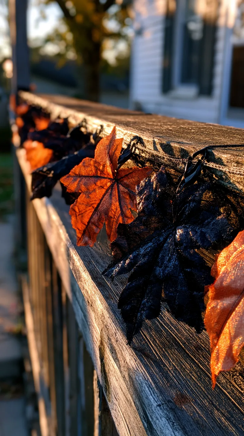 orange and black leaf garland hung across a porch railing on hooks, photo 3 of 4