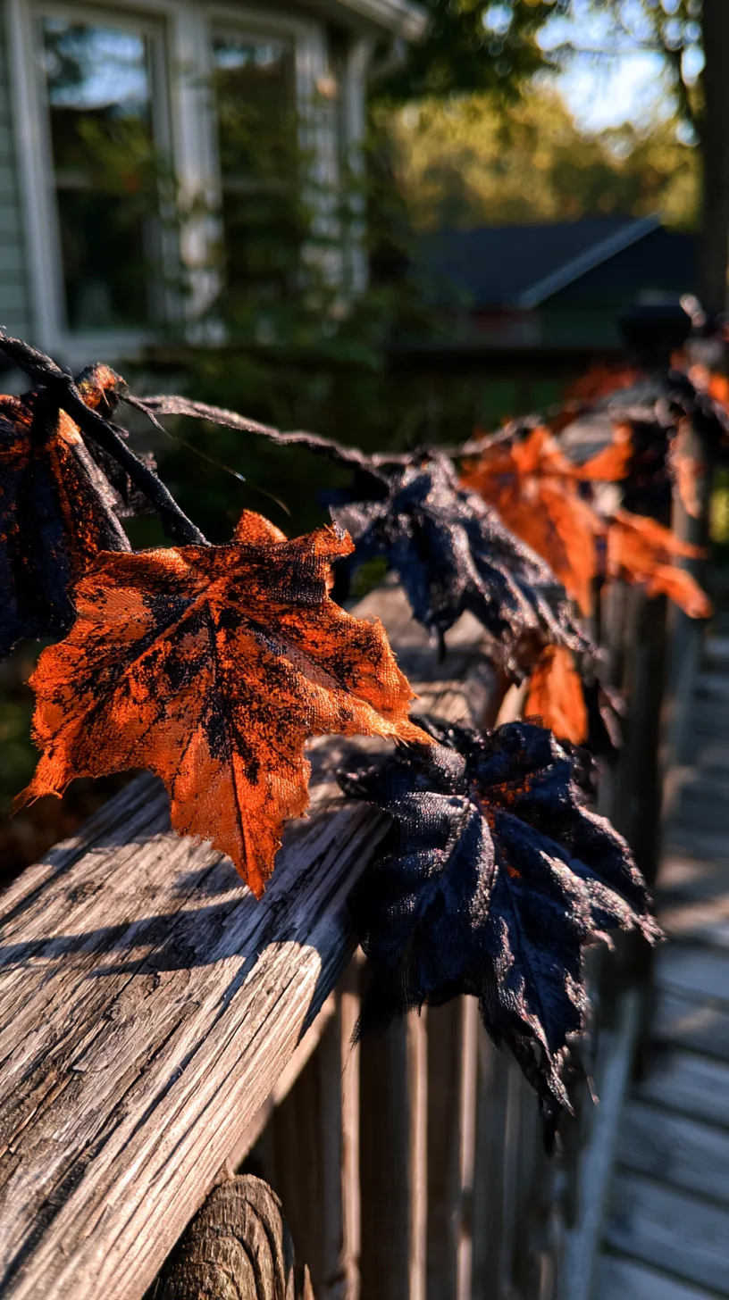 orange and black leaf garland hung across a porch railing on hooks, photo 4 of 4