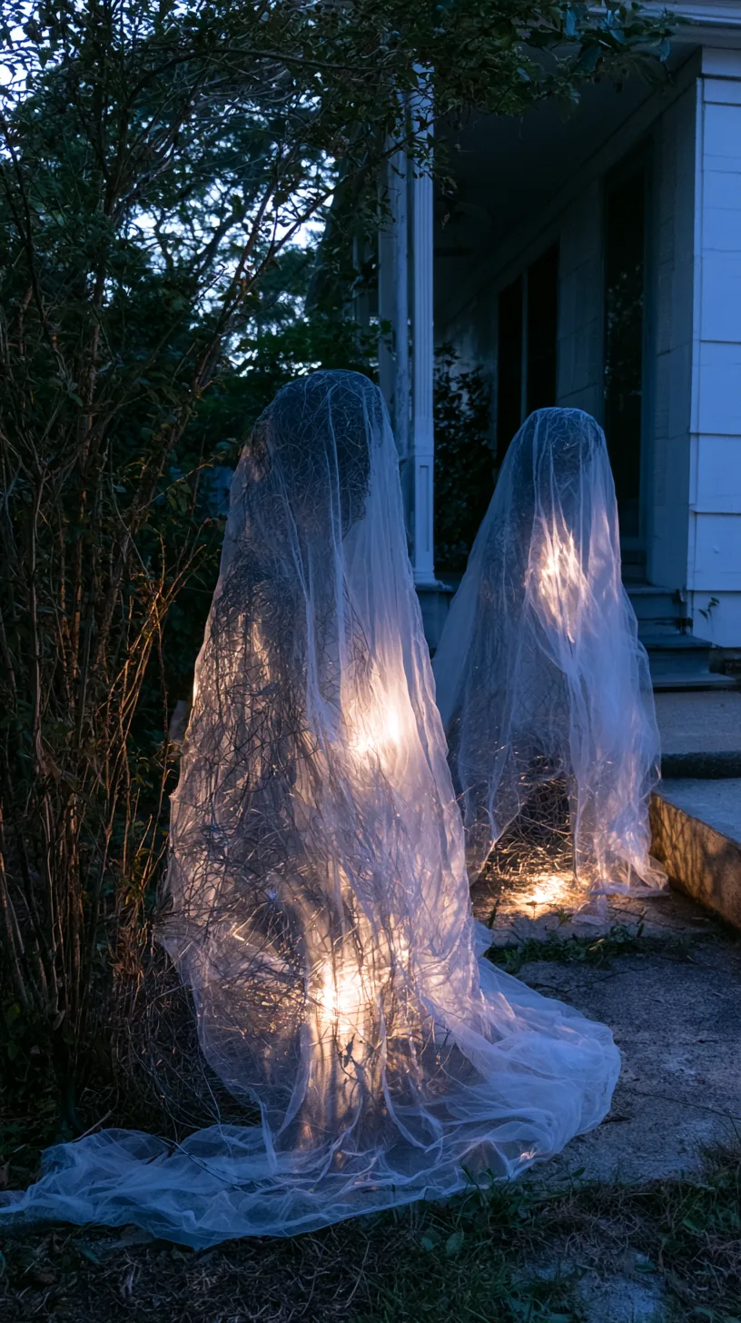 chicken-wire ghost sculptures draped in white fabric on a front porch, photo 1 of 4