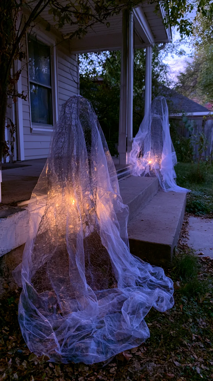 chicken-wire ghost sculptures draped in white fabric on a front porch, photo 3 of 4