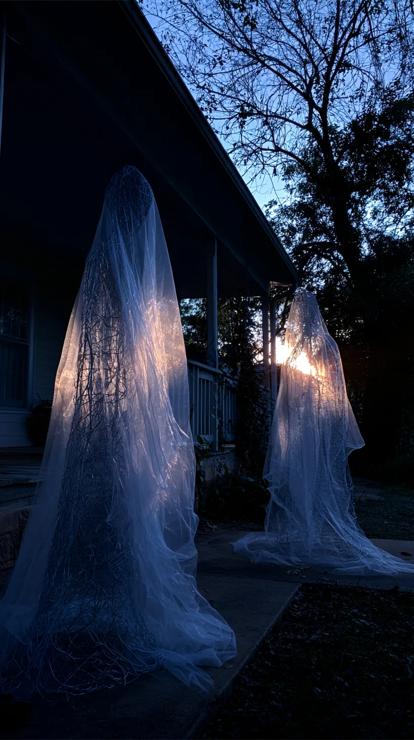 chicken-wire ghost sculptures draped in white fabric on a front porch, photo 4 of 4