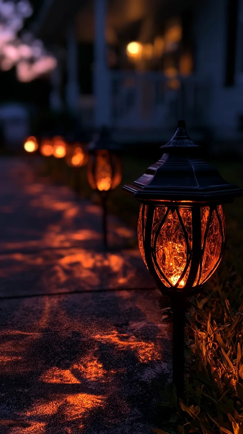 orange solar lanterns lining a front walkway at dusk, photo 1 of 4