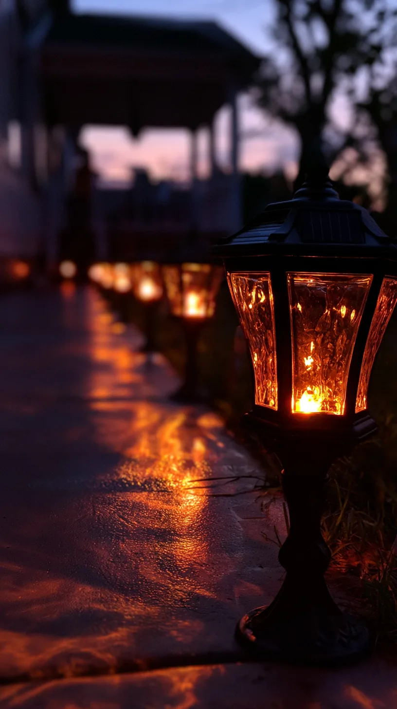 orange solar lanterns lining a front walkway at dusk, photo 2 of 4