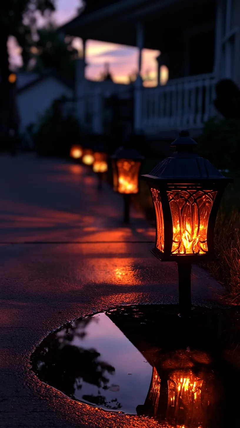 orange solar lanterns lining a front walkway at dusk, photo 3 of 4