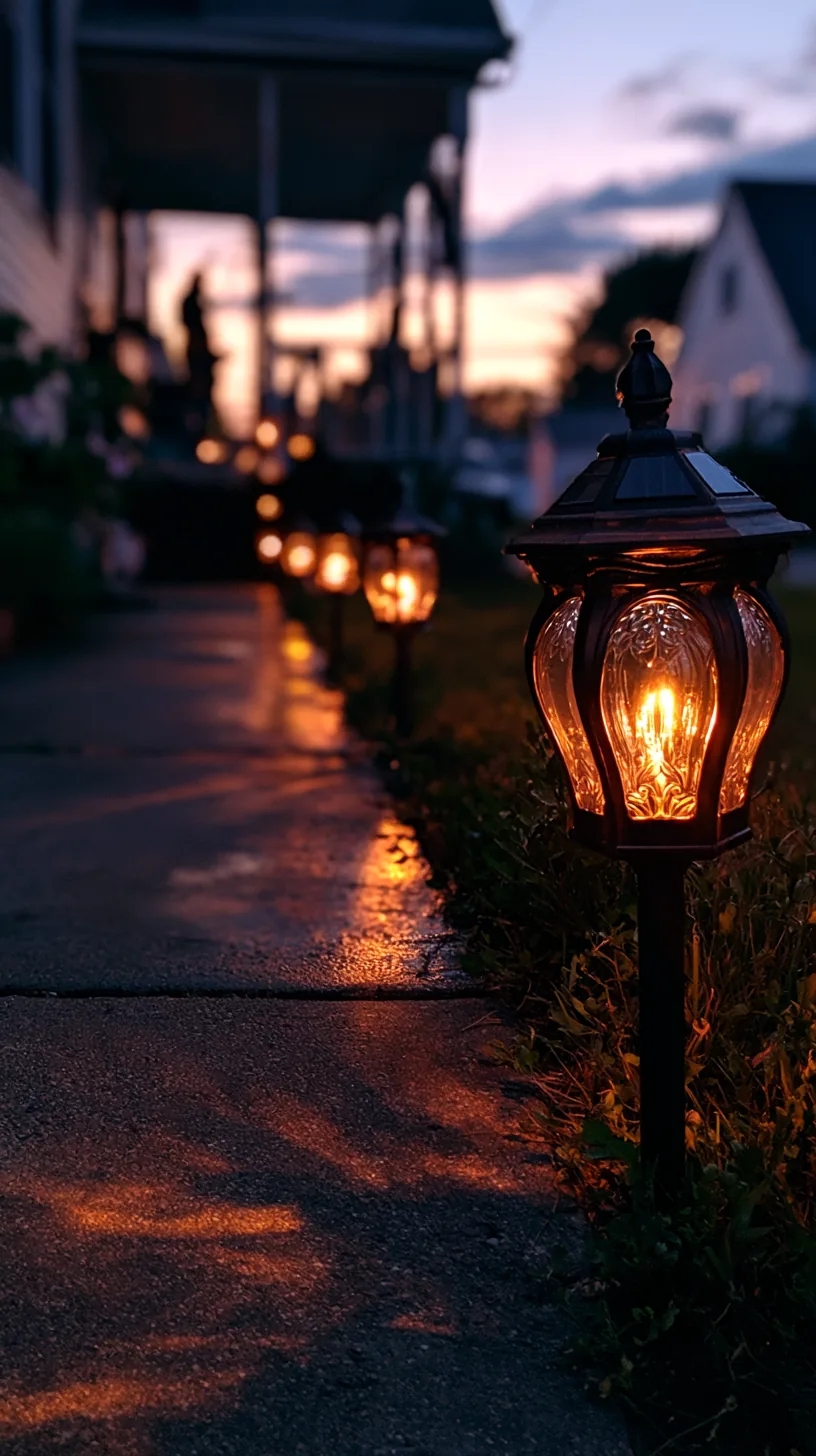 orange solar lanterns lining a front walkway at dusk, photo 4 of 4