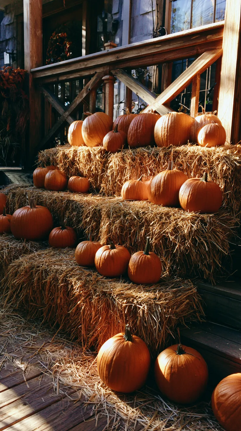stacked hay bales holding a tiered pumpkin display on a porch, photo 1 of 4