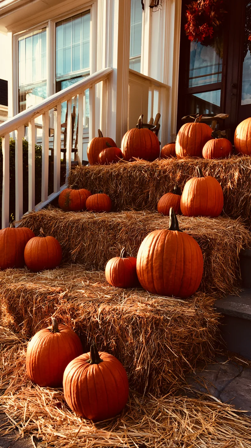 stacked hay bales holding a tiered pumpkin display on a porch, photo 2 of 4