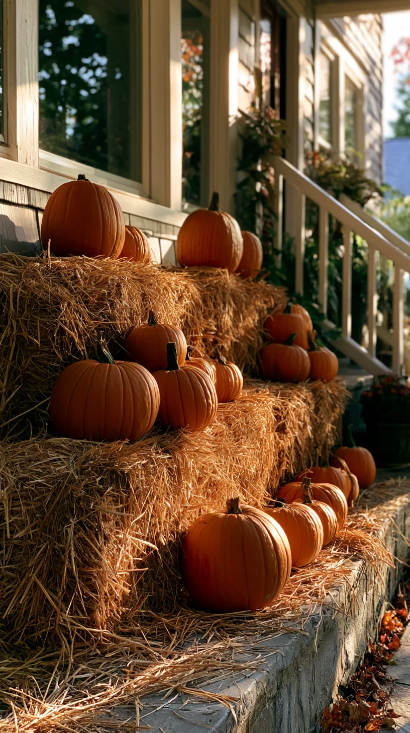stacked hay bales holding a tiered pumpkin display on a porch, photo 3 of 4