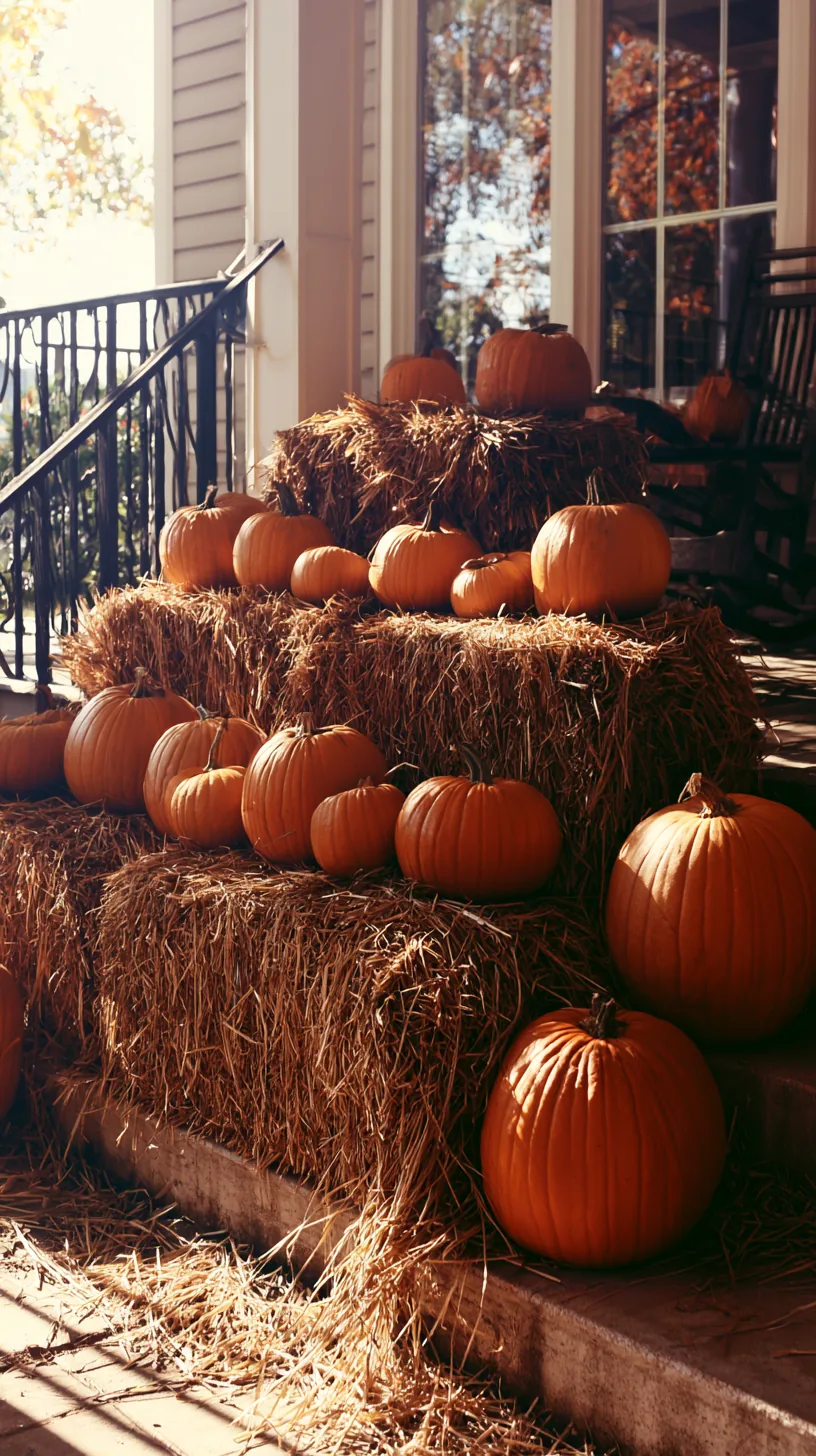 stacked hay bales holding a tiered pumpkin display on a porch, photo 4 of 4