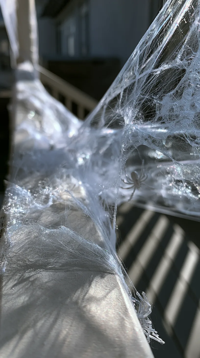stretchy white spider web material wrapped around a porch railing, photo 1 of 4