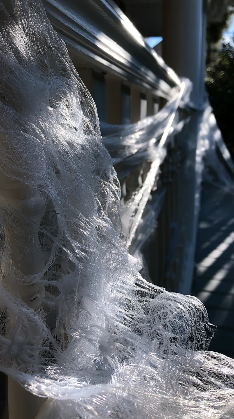stretchy white spider web material wrapped around a porch railing, photo 2 of 4