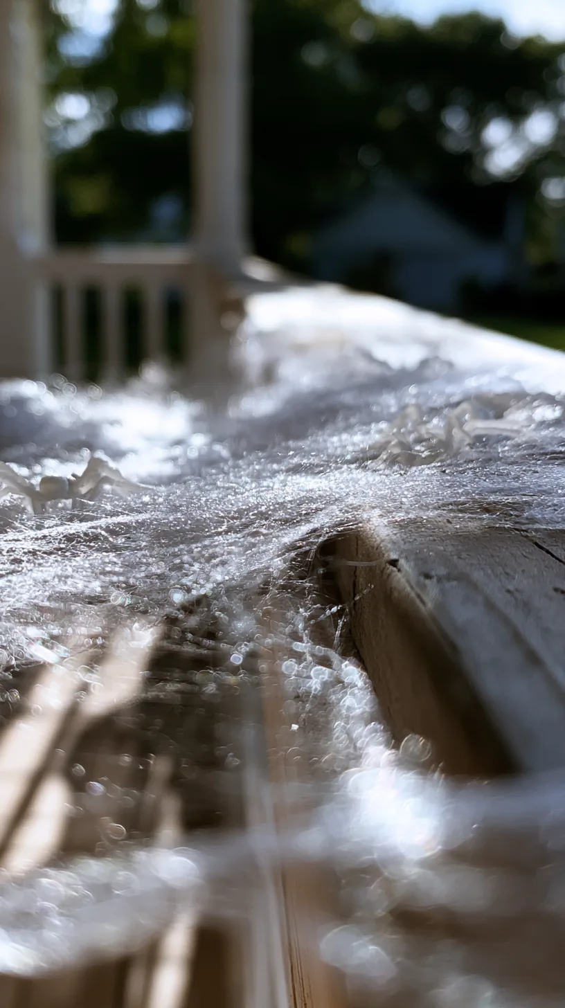 stretchy white spider web material wrapped around a porch railing, photo 3 of 4