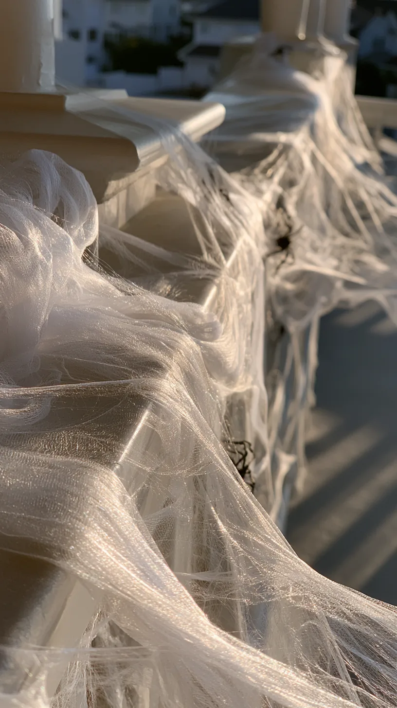 stretchy white spider web material wrapped around a porch railing, photo 4 of 4