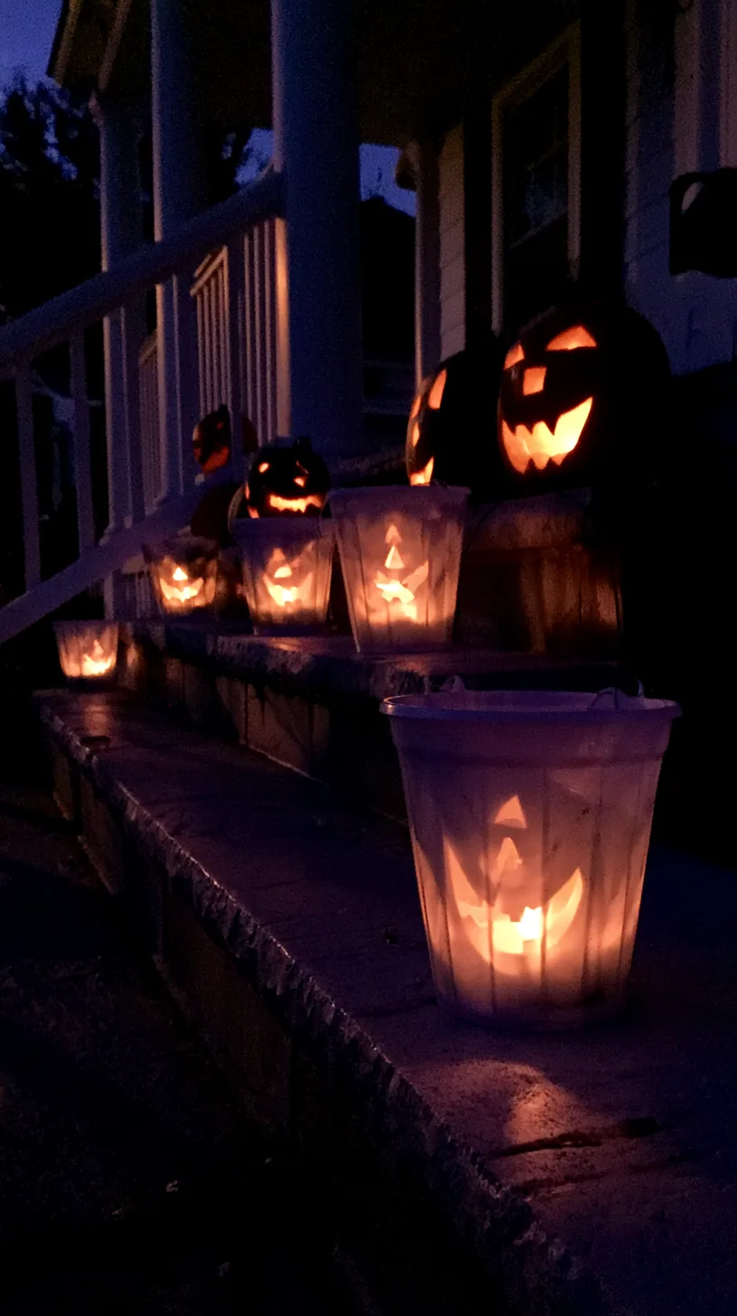 battery-lit jack-o-lantern buckets lining porch steps at night, photo 1 of 4