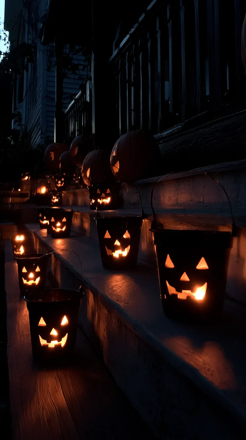 battery-lit jack-o-lantern buckets lining porch steps at night, photo 2 of 4