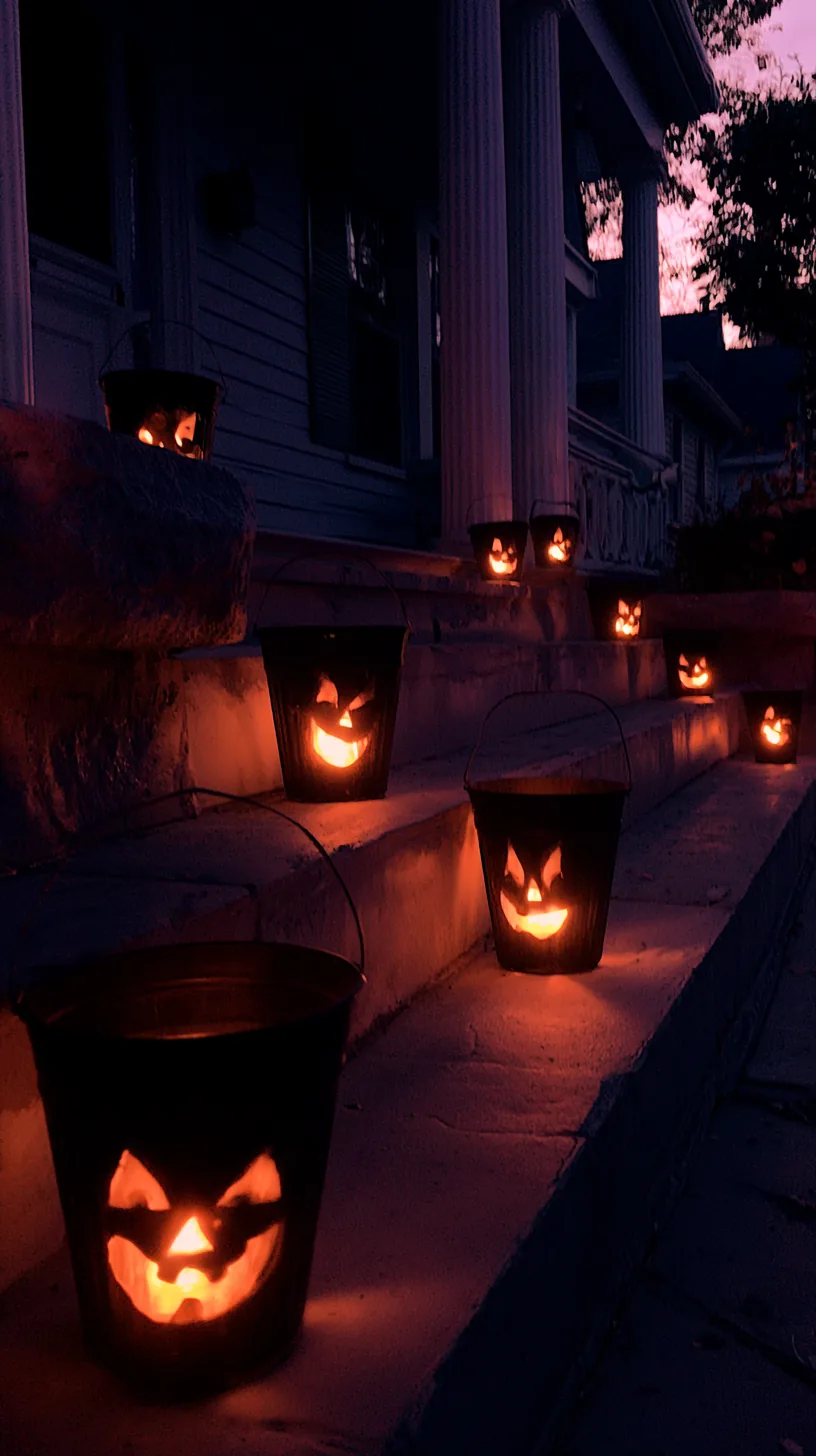 battery-lit jack-o-lantern buckets lining porch steps at night, photo 3 of 4