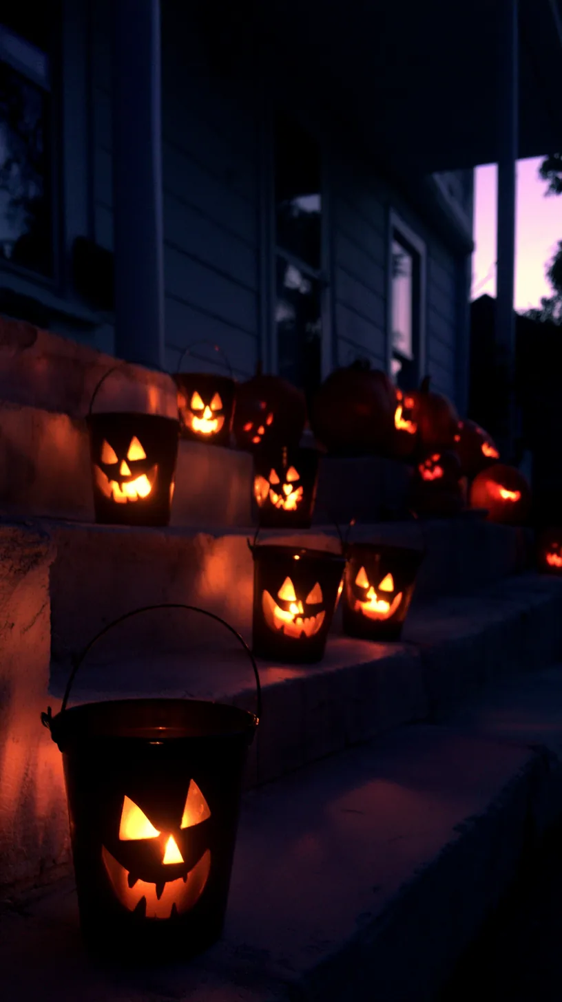 battery-lit jack-o-lantern buckets lining porch steps at night, photo 4 of 4