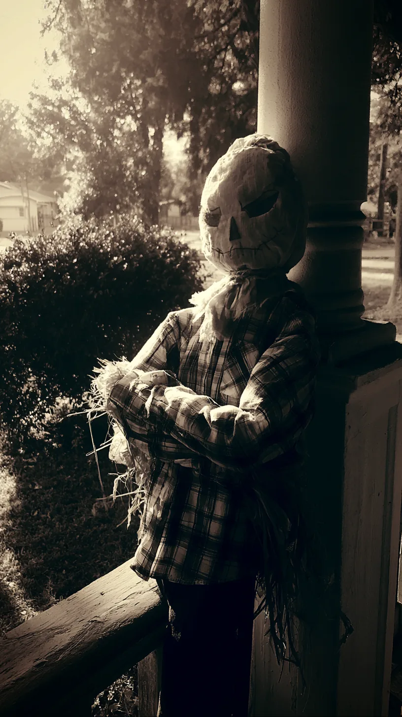 a stuffed scarecrow propped against a porch post with a rebar support, photo 1 of 4