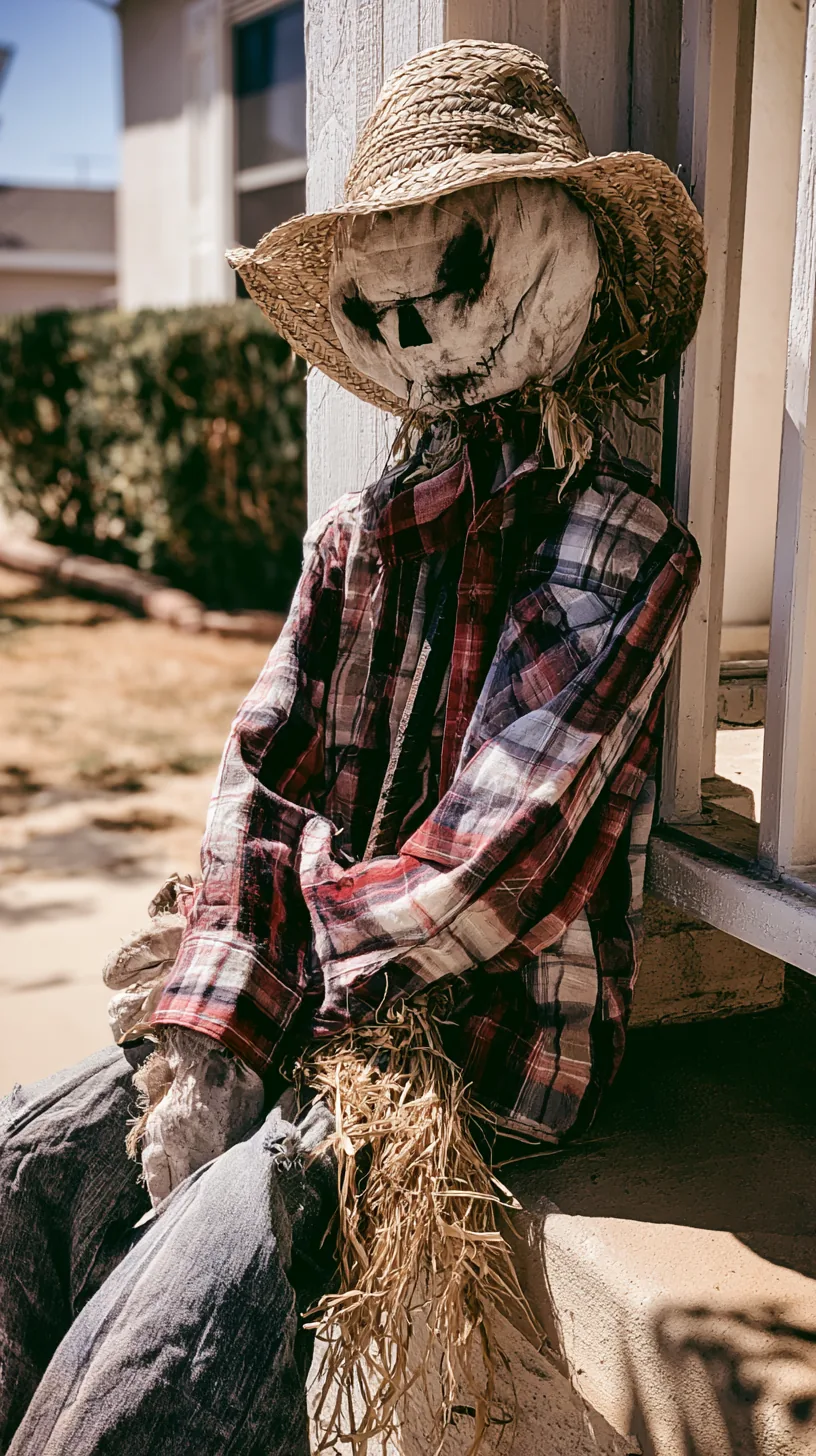 a stuffed scarecrow propped against a porch post with a rebar support, photo 2 of 4