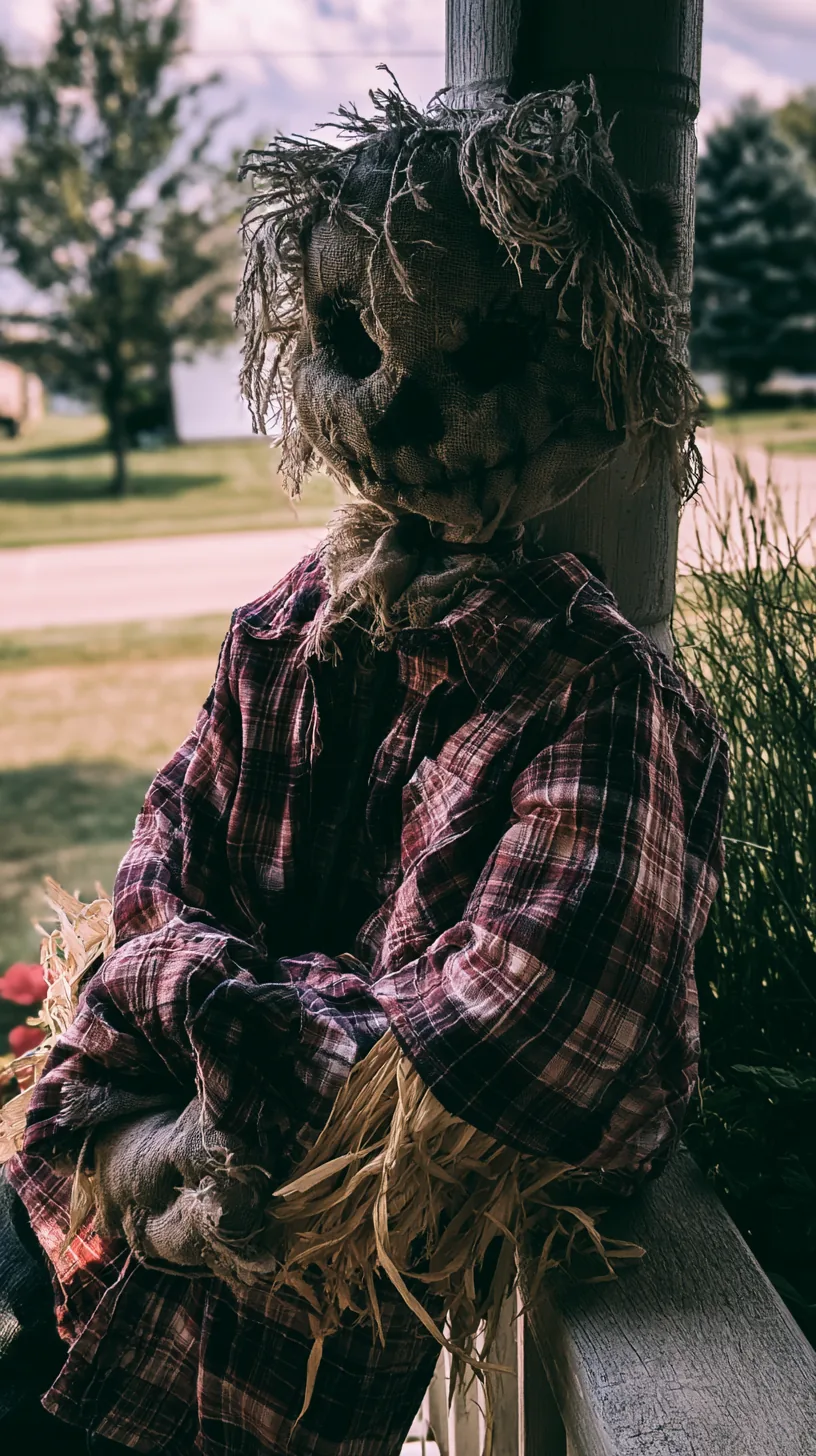 a stuffed scarecrow propped against a porch post with a rebar support, photo 3 of 4