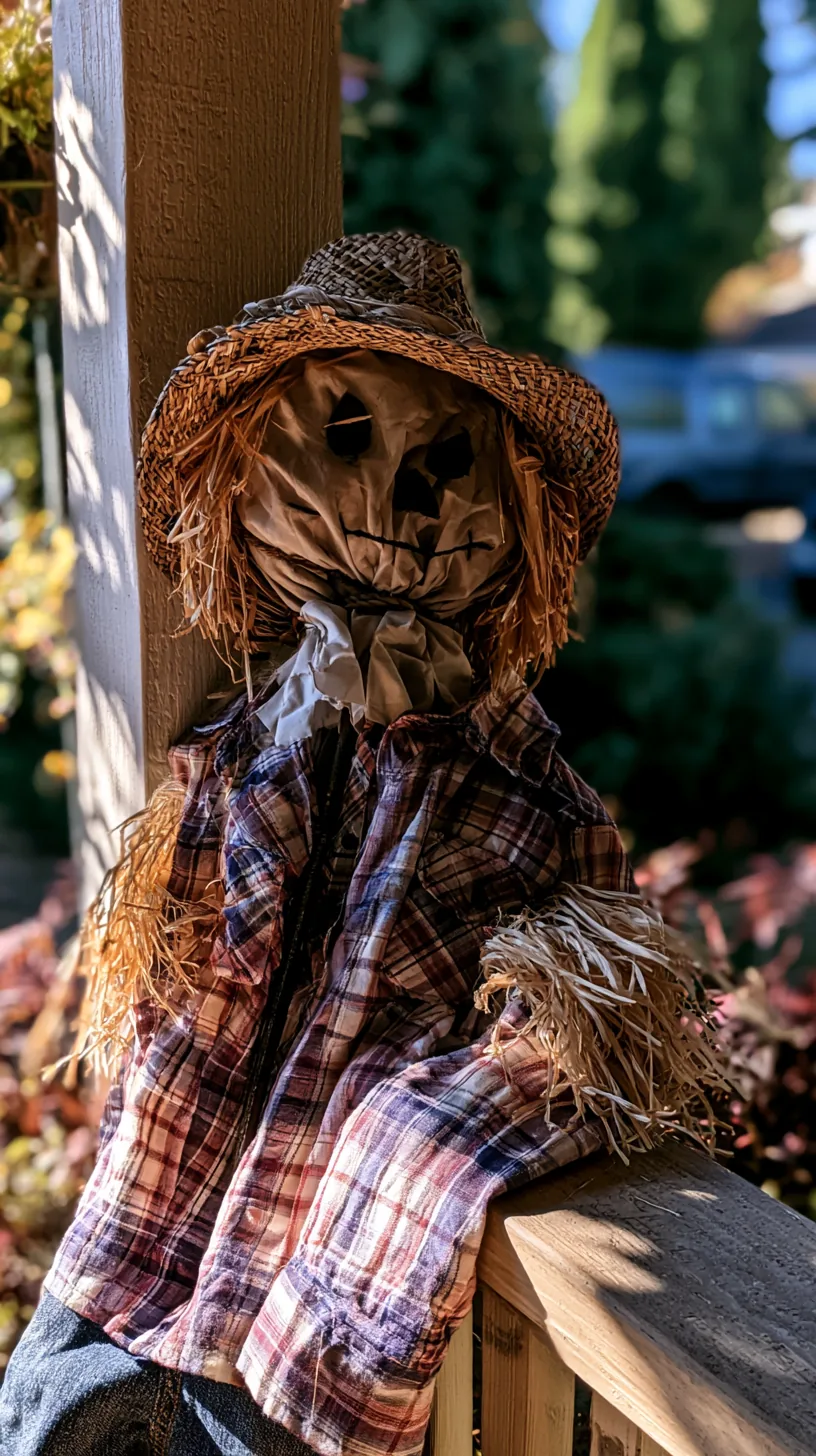 a stuffed scarecrow propped against a porch post with a rebar support, photo 4 of 4