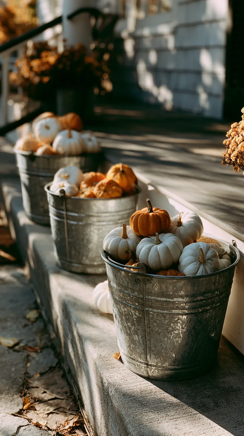 galvanized metal buckets filled with mini pumpkins on porch steps, photo 1 of 4