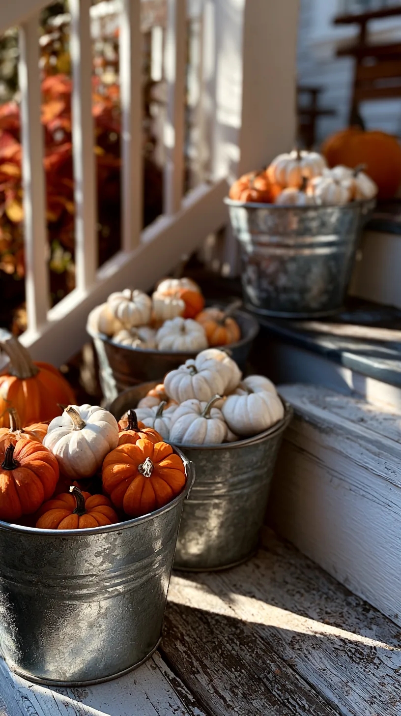 galvanized metal buckets filled with mini pumpkins on porch steps, photo 2 of 4