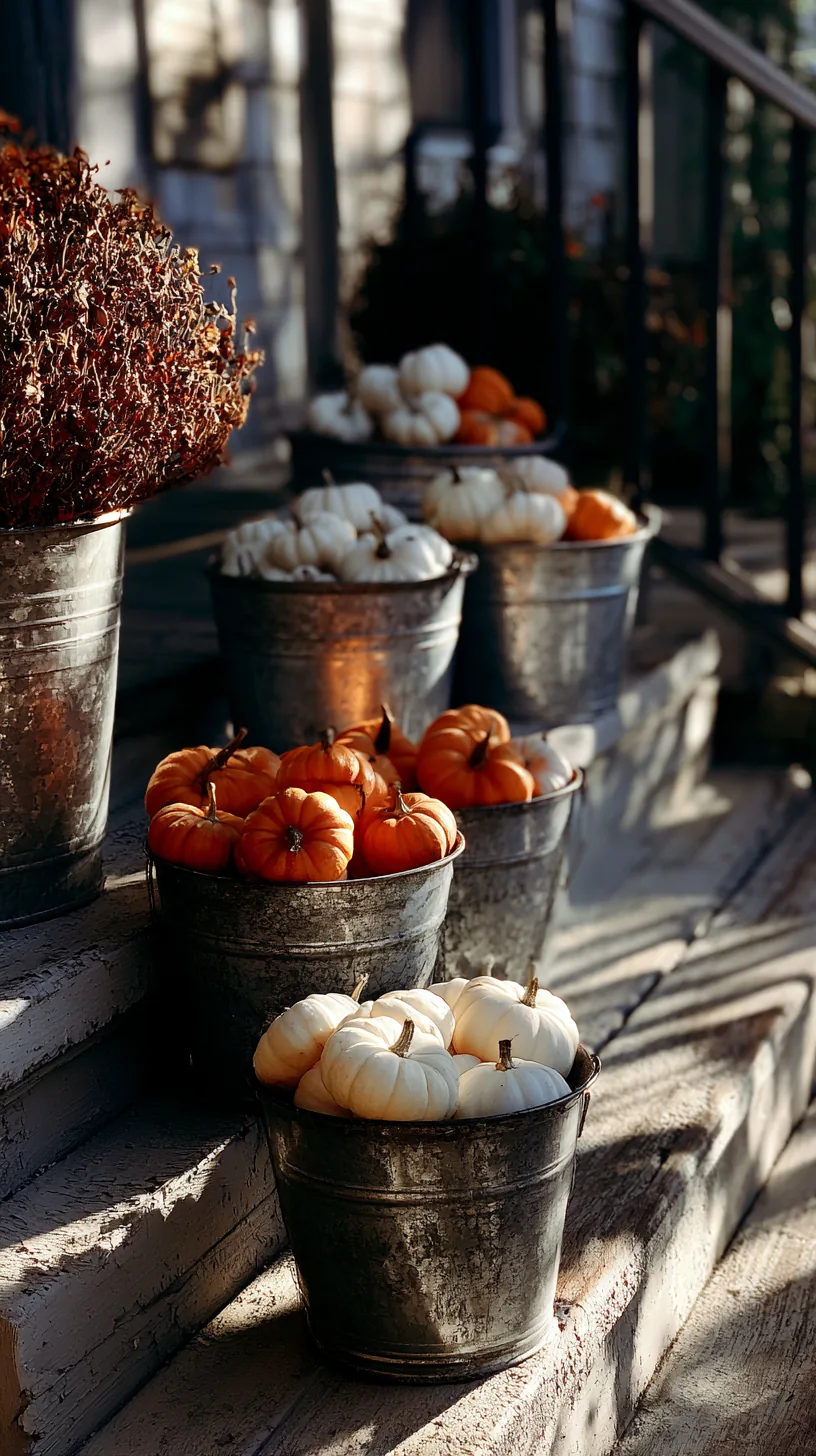 galvanized metal buckets filled with mini pumpkins on porch steps, photo 3 of 4