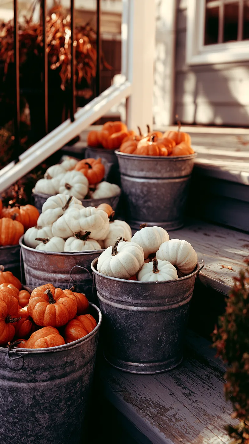 galvanized metal buckets filled with mini pumpkins on porch steps, photo 4 of 4