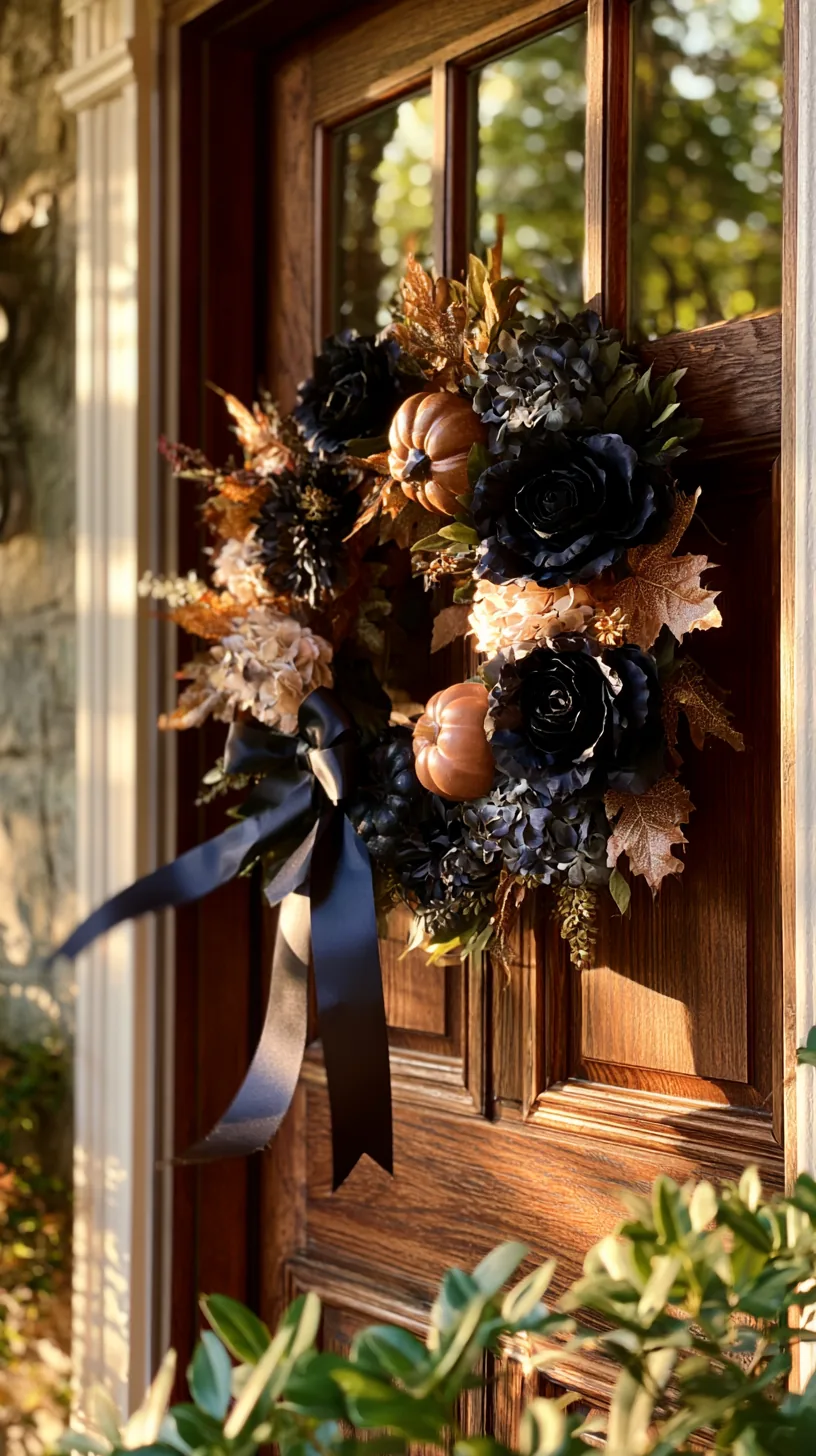 a black ribbon and pumpkin wreath hung from a removable door hook, photo 1 of 4