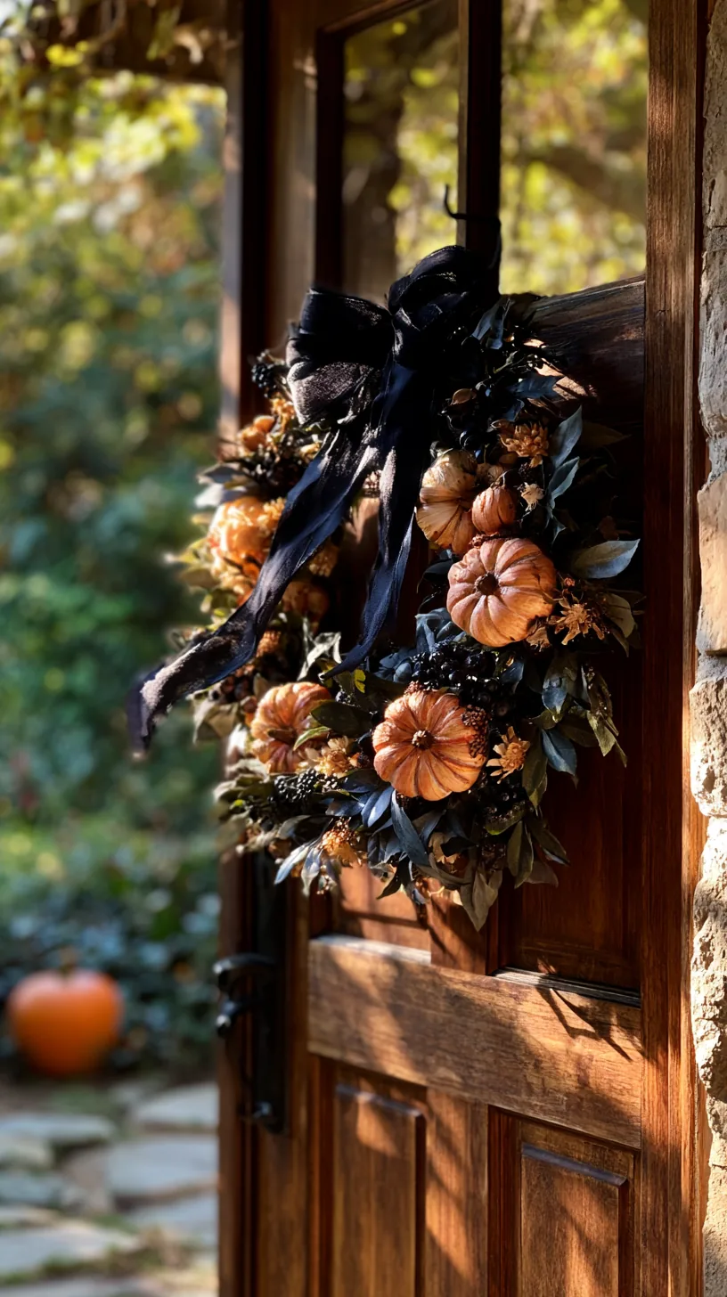 a black ribbon and pumpkin wreath hung from a removable door hook, photo 2 of 4