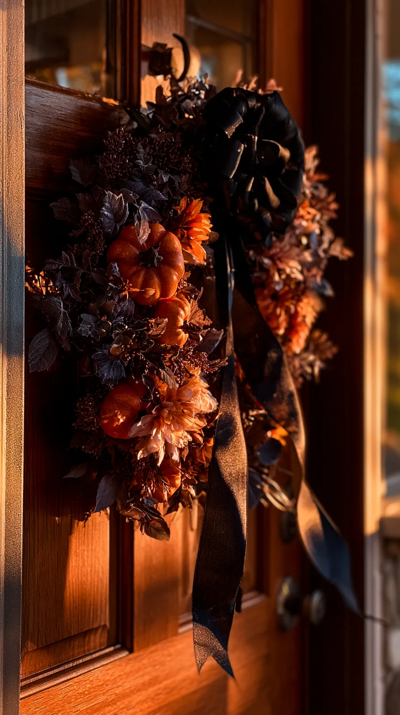 a black ribbon and pumpkin wreath hung from a removable door hook, photo 3 of 4