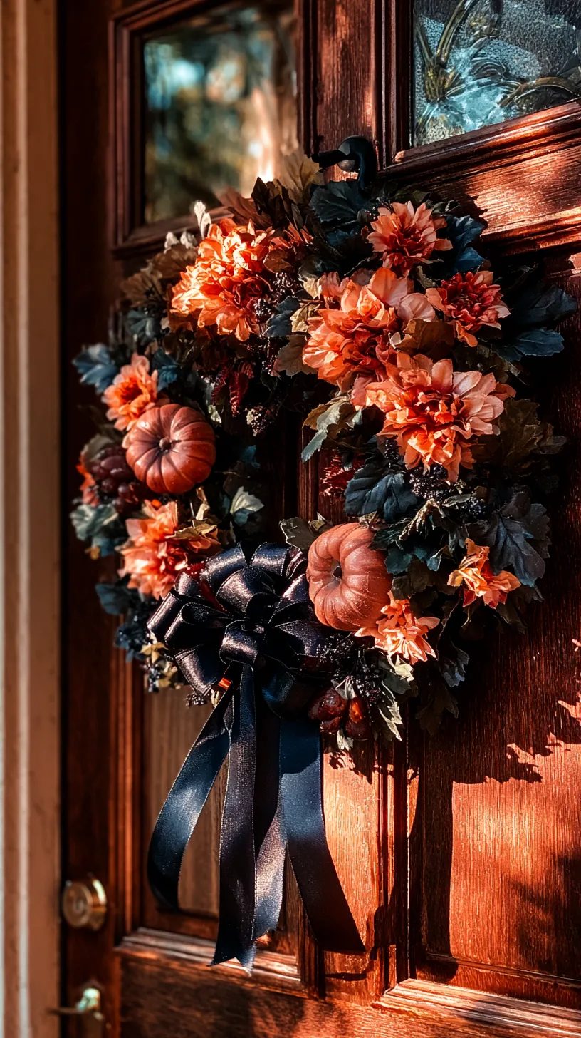 a black ribbon and pumpkin wreath hung from a removable door hook, photo 4 of 4
