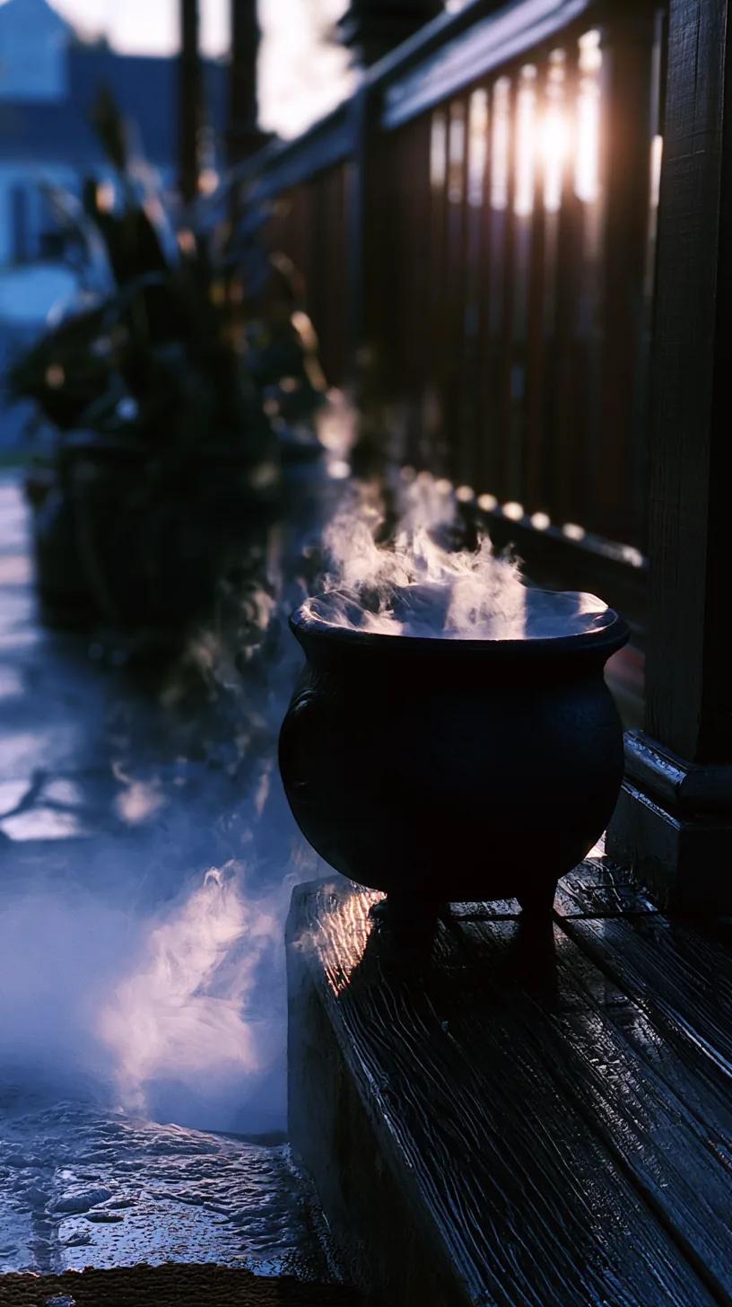 a black cauldron planter with faux fog rolling over the rim on a porch, photo 1 of 4