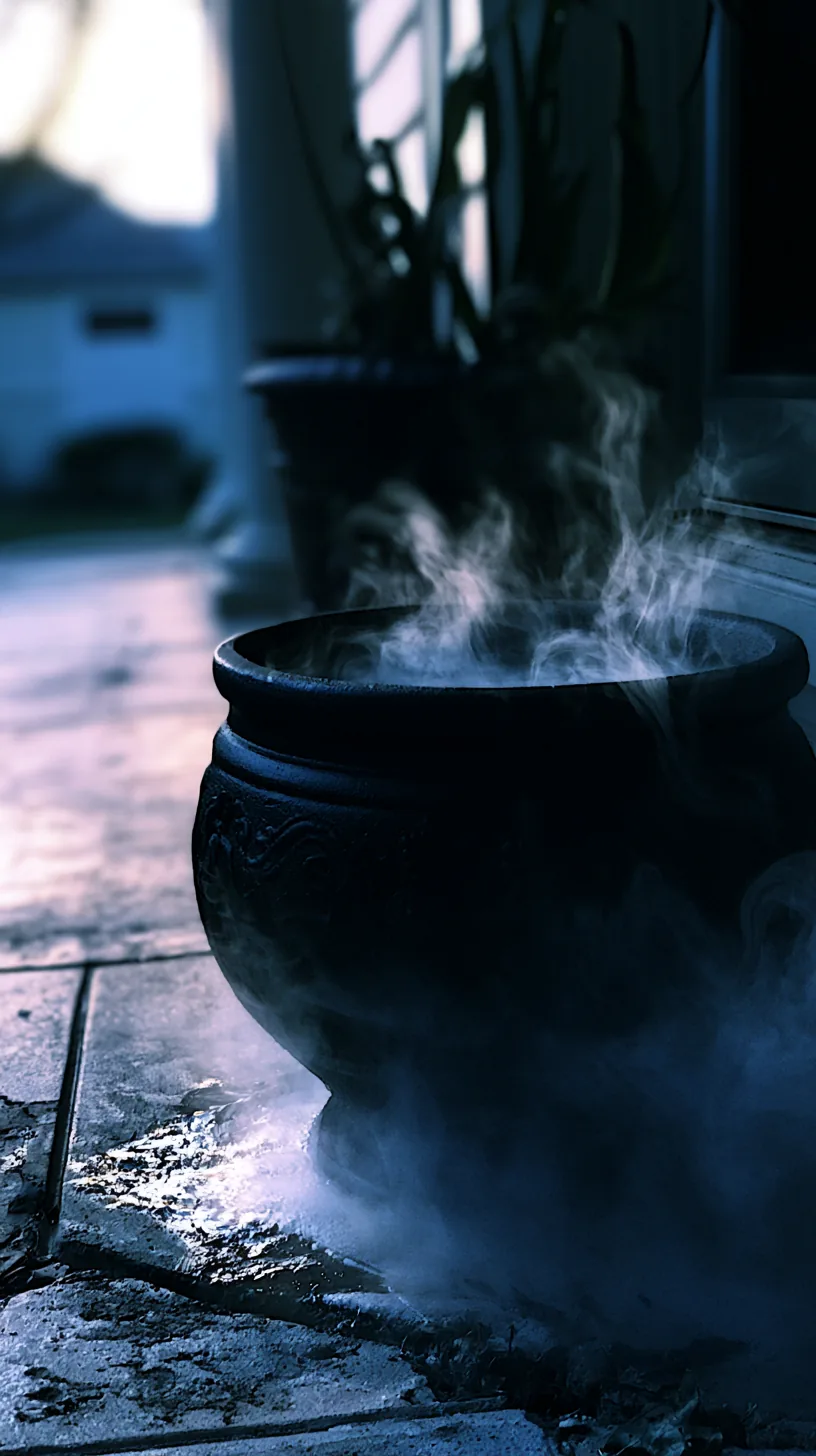 a black cauldron planter with faux fog rolling over the rim on a porch, photo 2 of 4