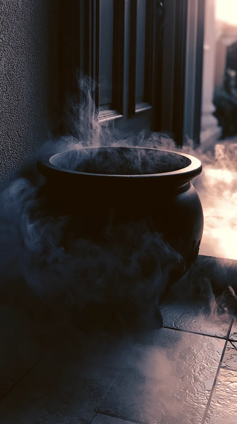 a black cauldron planter with faux fog rolling over the rim on a porch, photo 3 of 4