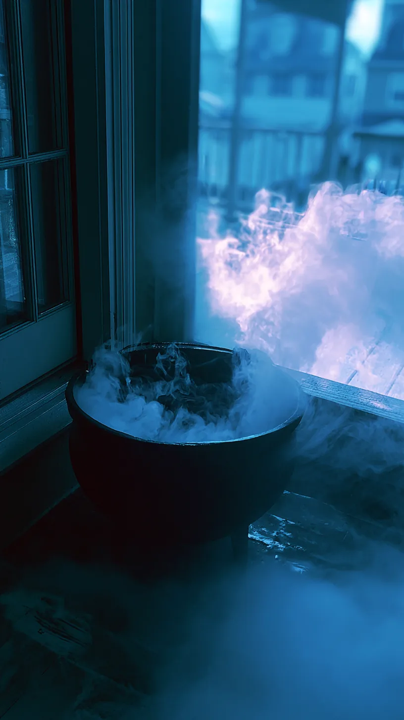 a black cauldron planter with faux fog rolling over the rim on a porch, photo 4 of 4