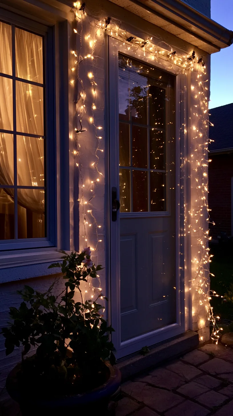 warm white twinkle lights framing a front door on weatherproof clips, photo 1 of 4