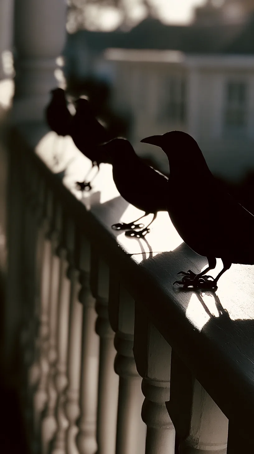 black paper crow decorations perched along a porch railing, photo 1 of 4