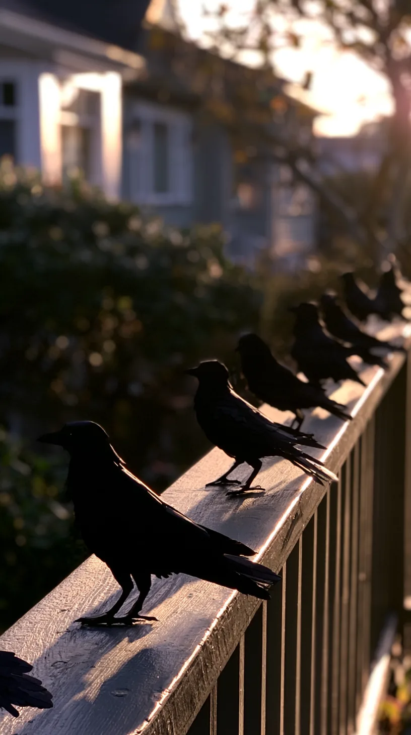 black paper crow decorations perched along a porch railing, photo 2 of 4
