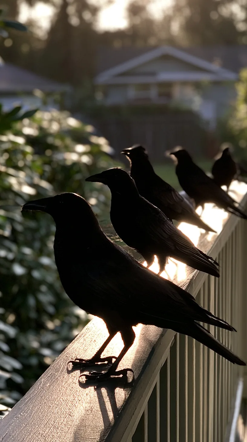 black paper crow decorations perched along a porch railing, photo 3 of 4