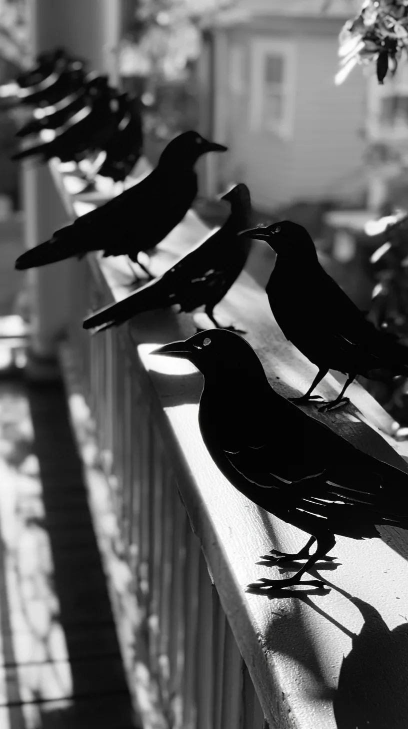 black paper crow decorations perched along a porch railing, photo 4 of 4