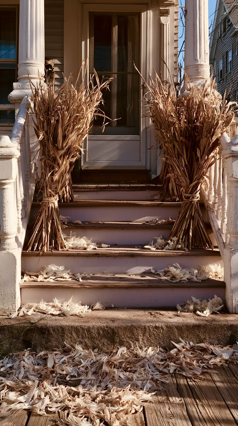 cornstalks tied into a teepee shape flanking porch steps, photo 1 of 4