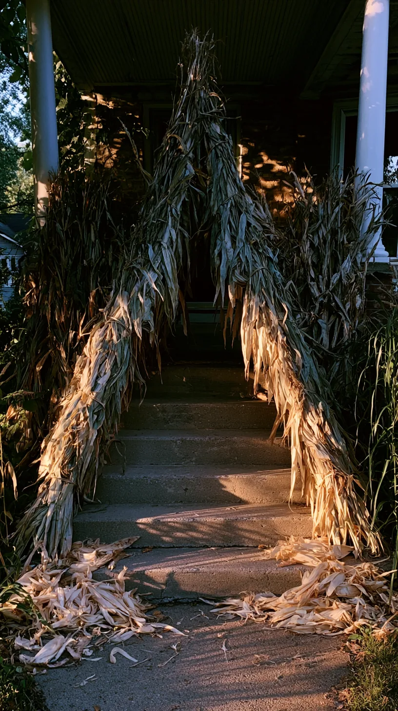 cornstalks tied into a teepee shape flanking porch steps, photo 2 of 4